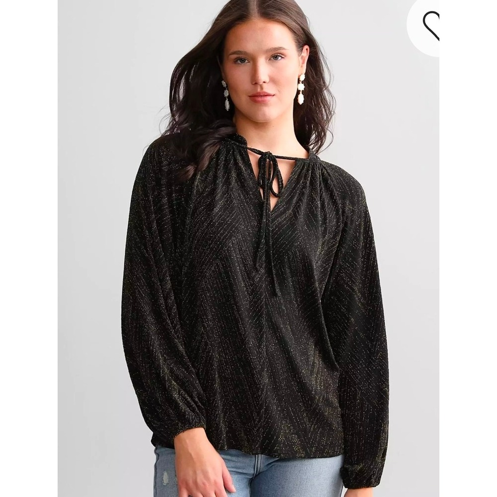 Buckle Black Gold Sparkle Tie Neck‎ Long Sleeve Blouse Top Casual Glam Large